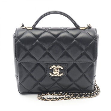 CHANEL Matelasse Top Handle Mini Flap Chain Shoulder Bag Lambskin Black GHW Used