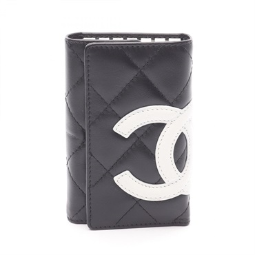 CHANEL Cambon line key case leather Black White Used Women SHW COCO CC