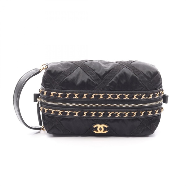 CHANEL CC Logo Chain Zipper Pouch AP2678 Nylon leather Black Used Women Coco