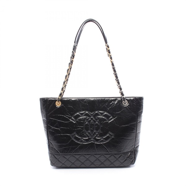 CHANEL Matelasse Chain Shoulder Tote Bag Shiny Aged calfskin Black Used Women