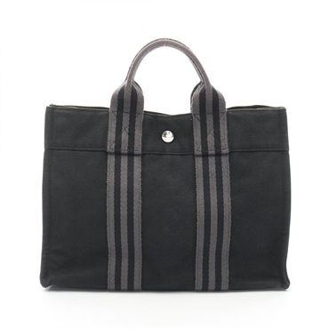 HERMES Fourre-tout PM Hand Tote Bag canvas Black Gray Used Women SHW