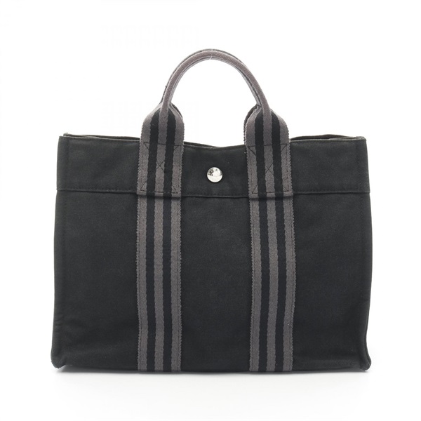 HERMES Fourre-tout PM Hand Tote Bag canvas Black Gray Used Women SHW