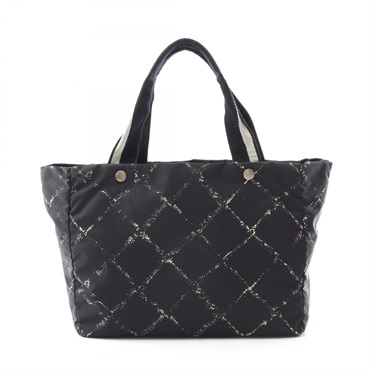 CHANEL Travel Line Old Model Tote Bag Nylon Black White SHW Used Women