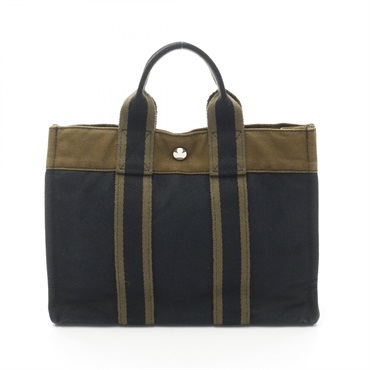 HERMES Fourre-tout PM Hand Tote Bag canvas Navy Khaki Used Women SHW