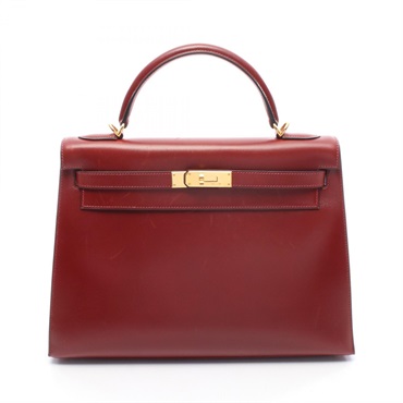 HERMES Kelly 32 Shoulder Handbag Box calf leather Bordeaux Rouge H Used D GHW