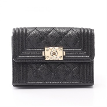 CHANEL Boy chanel Tri-fold wallet Calfskin  Black Used Women GHW CC COCO