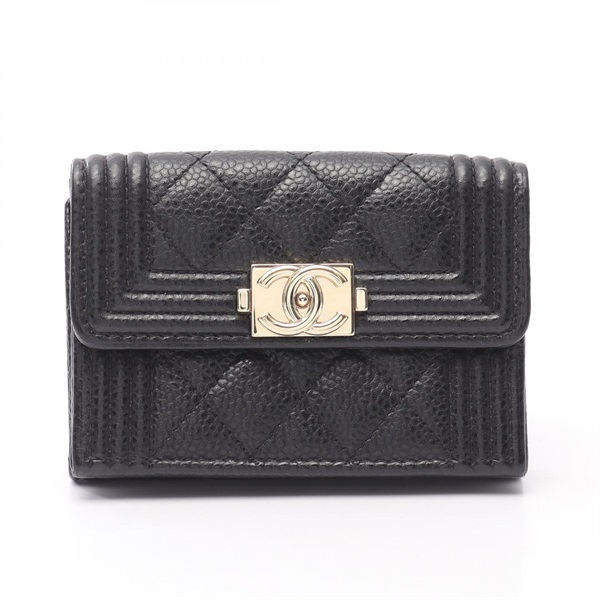 CHANEL Boy chanel Tri-fold wallet Calfskin  Black Used Women GHW CC COCO
