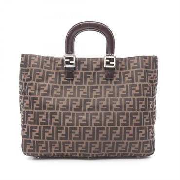 FENDI Zucca Handbag leather Nylon canvas Brown Used Women