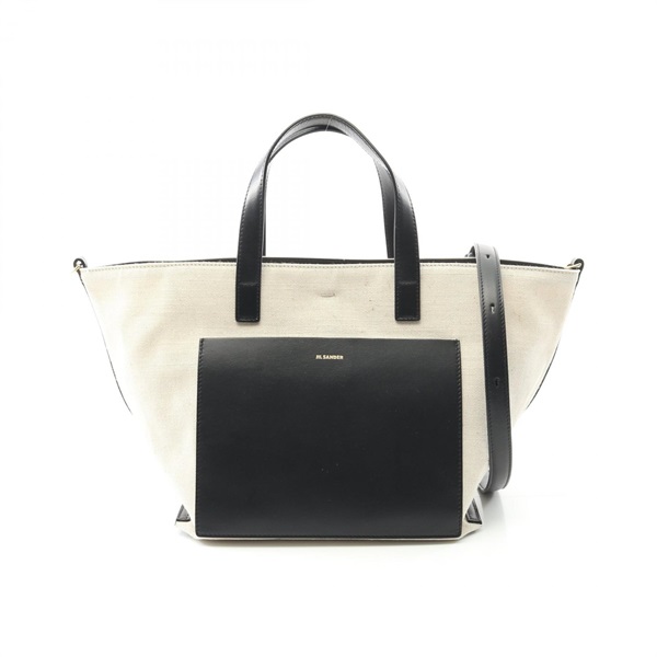 JIL SANDER WANDER SQUARE S Shoulder Tote Bag canvas leather Beige Black NEW