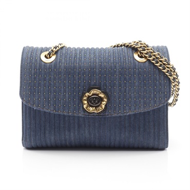 COACH Parker with denim chain Shoulder hand Bag 68222 canvas leather Navy Used