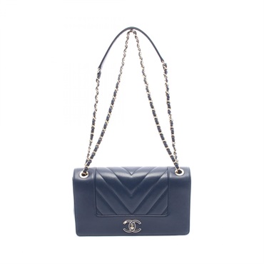 CHANEL Chevron V-stitch Double Flap Chain Shoulder Bag Lambskin Navy GHW Used