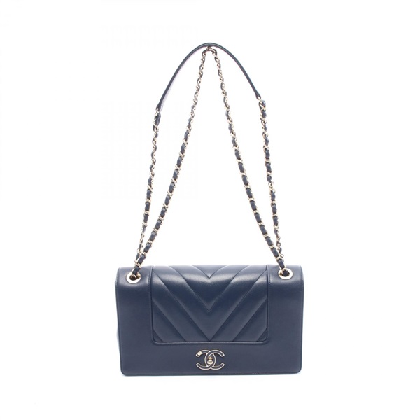 CHANEL Chevron V-stitch Double Flap Chain Shoulder Bag Lambskin Navy GHW Used