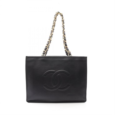 CHANEL Jumbo CC Logo Chain Tote Bag Lambskin Black GHW Used Women COCO Mark