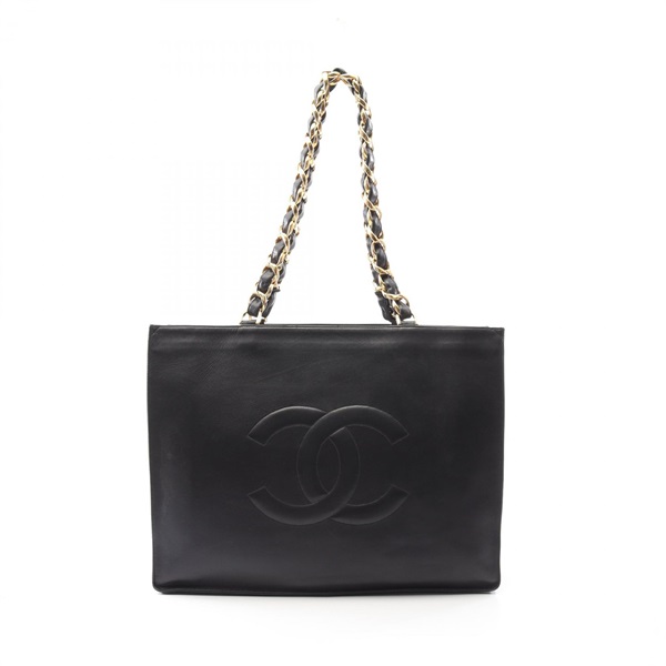 CHANEL Jumbo CC Logo Chain Tote Bag Lambskin Black GHW Used Women COCO Mark