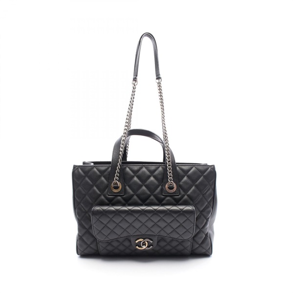 CHANEL Matelasse Chain Shoulder Tote Bag leather Black Used Women CC Coco