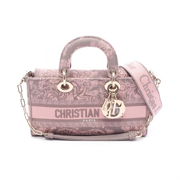 Dior LADY D-JOY Medium Shoulder Handbag canvas Gray Pink Used crossbody logo