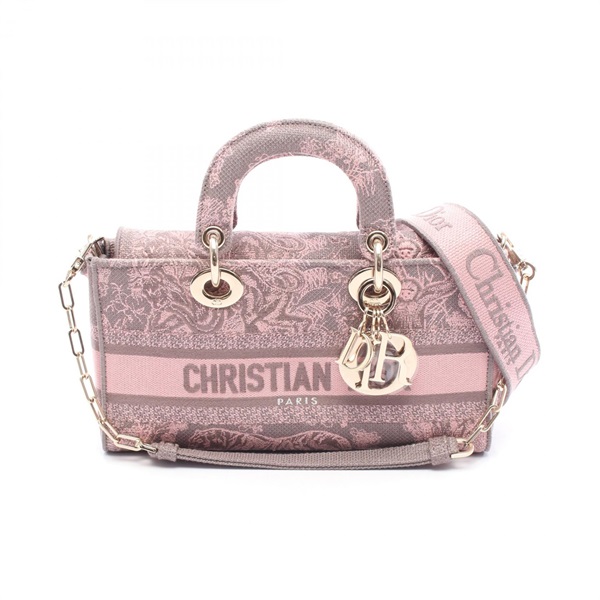 Dior LADY D-JOY Medium Shoulder Handbag canvas Gray Pink Used crossbody logo