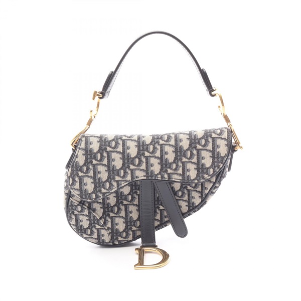 Dior Mini Saddle Oblique Handbag canvas leather Beige Navy Used Women GHW