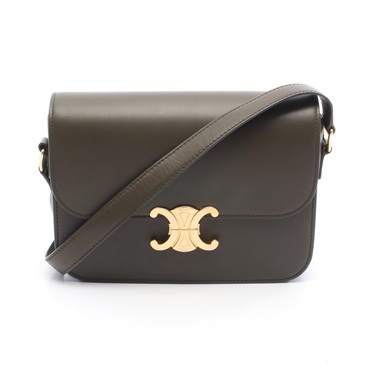 CELINE Classic Triomphe Medium Shoulder crossbody Bag leather Khaki Used Women