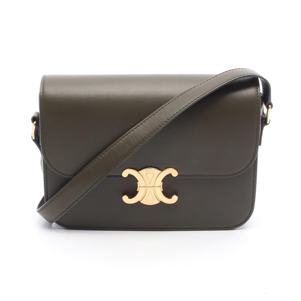 CELINE Classic Triomphe Medium Shoulder crossbody Bag leather Khaki Used Women
