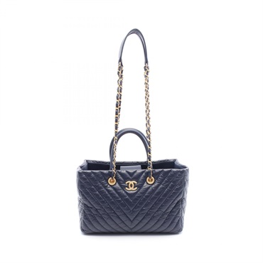 CHANEL Chevron V Stitch CHain Shoulder Hand Bag Calfskin Navy Used Women GHW CC