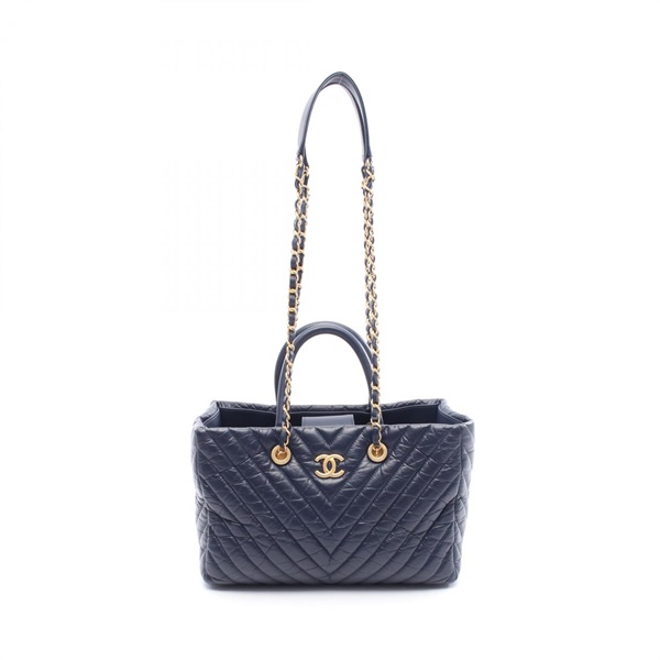 CHANEL Chevron V Stitch CHain Shoulder Hand Bag Calfskin Navy Used Women GHW CC