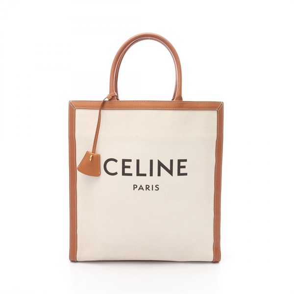 CELINE vertical cover large Hand Tote Bag canvas leather White Brown Used Women