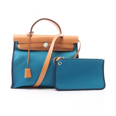 HERMES Herbag Zip PM Shoulder Handbag Q Toile officier hunter Blue de galice
