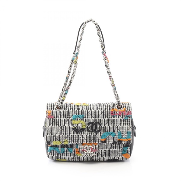 CHANEL Matelasse Shoulder Bag Fabric leather White Black Multicolor Used SHW CC