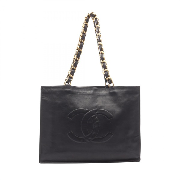 CHANEL Jumbo COCO Mark chain Tote Bag leather Black Used Women GHW CC
