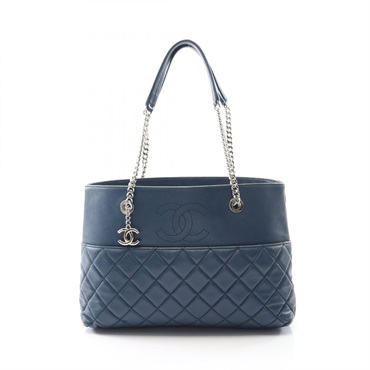 CHANEL Matelasse Chain shoulder Tote Bag Lamb sheep leather Blue Used Women SHW