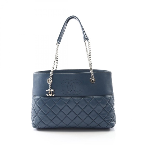CHANEL Matelasse Chain shoulder Tote Bag Lamb sheep leather Blue Used Women SHW