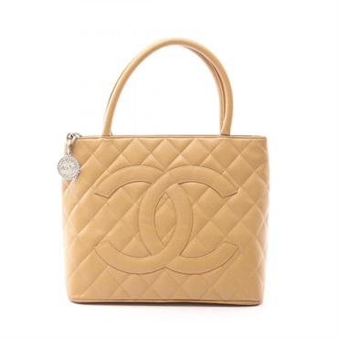 CHANEL Medallion Tote Hand Bag leather Grained calfskin Beige Used Women SHW CC