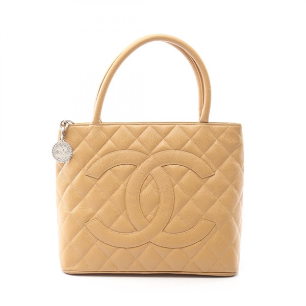 CHANEL Medallion Tote Hand Bag leather Grained calfskin Beige Used Women SHW CC