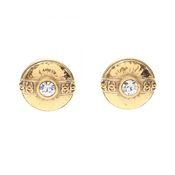 CHANEL COCO Mark Clip Earring Gold Plated crystal Clear Used Women CC