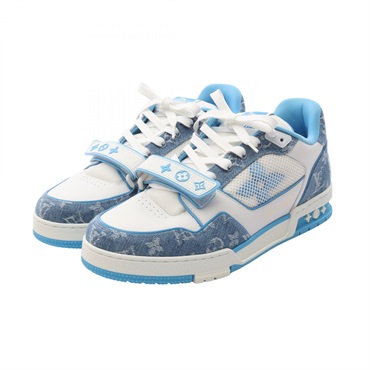 LOUIS VUITTON LV Trainer Monogram Denim sneakers leather denim White Blue #9.5