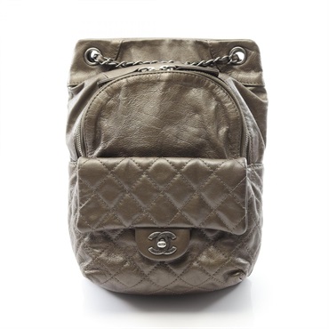 CHANEL Matelasse Chain Backpack Bag leather Khaki Used Women CC Logo
