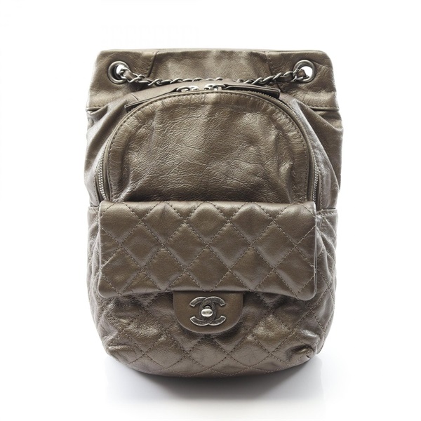 CHANEL Matelasse Chain Backpack Bag leather Khaki Used Women CC Logo