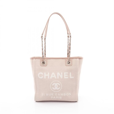 CHANEL Deauville PM Chain shoulder Tote Bag canvas leather Pink Used Women SHW