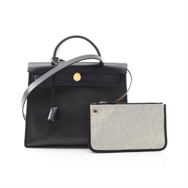 HERMES Herbag Zip PM Handbag Toile H Berline canvas leather Navy Ecru used K GHW