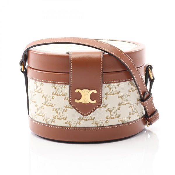 CELINE Tambour Medium Triomphe Shoulder Bag canvas leather White Brown Used