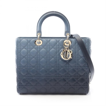 Dior Lady Dior Large Cannage Shoulder Handbag leather Blue Used Women GHW