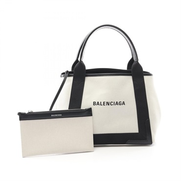BALENCIAGA NAVY CABAS S Hand Tote Bag 339933 canvas leather White Black Used