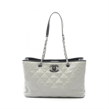 CHANEL Matelasse Tote Shoulder Bag Grained calf leather Gray Black Used Women CC