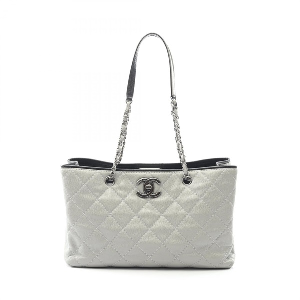CHANEL Matelasse Tote Shoulder Bag Grained calf leather Gray Black Used Women CC