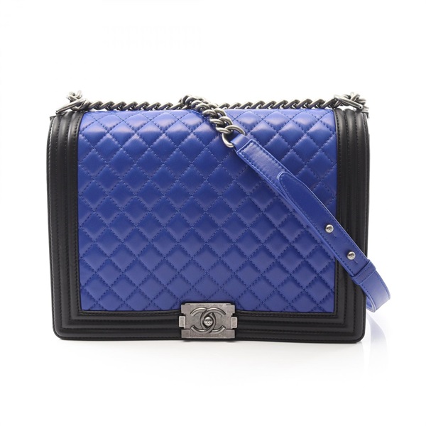 CHANEL Boy Chanel Large Matelasse Shoulder Bag Lamb leather Blue Black Used CC