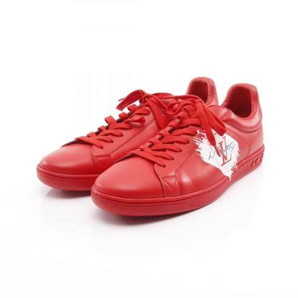 LOUIS VUITTON Luxembourg line sneakers lace-up #9.5 leather Red White Used mens