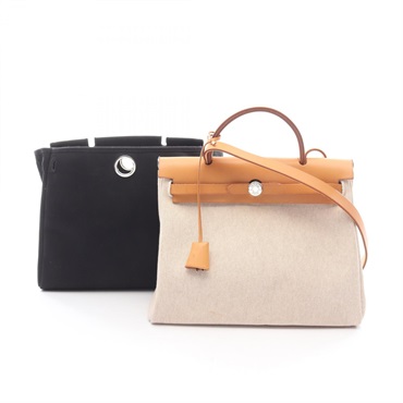 HERMES Herbag PM Shoulder Handbag Toile H canvas hunter leather Natural Used G