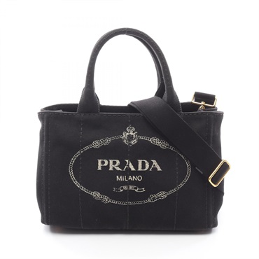 PRADA CANAPA Shoulder Hand Tote Bag canvas Black Used Women logo crossbody