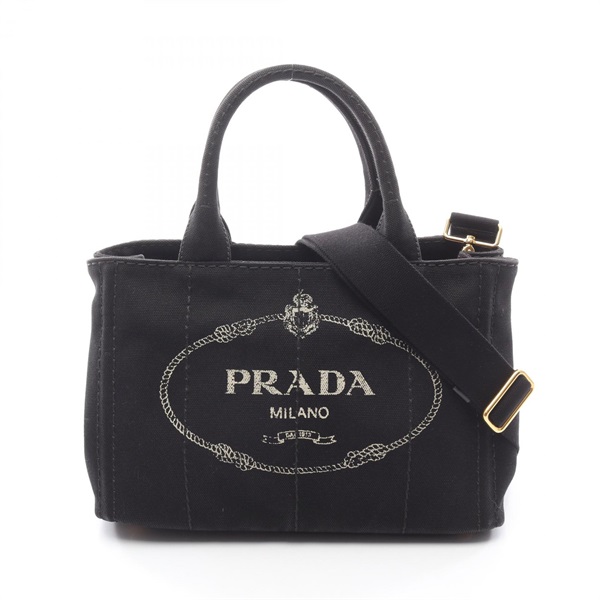 PRADA CANAPA Shoulder Hand Tote Bag canvas Black Used Women logo crossbody